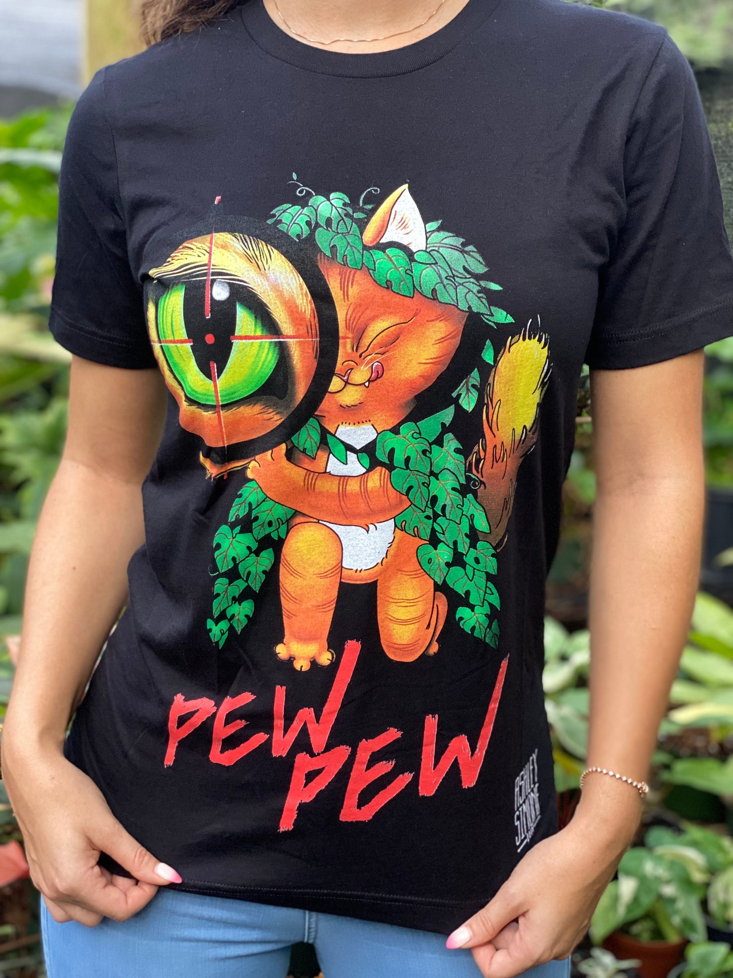 Black Snipey Cat “Pew Pew” Crew Neck T-Shirt