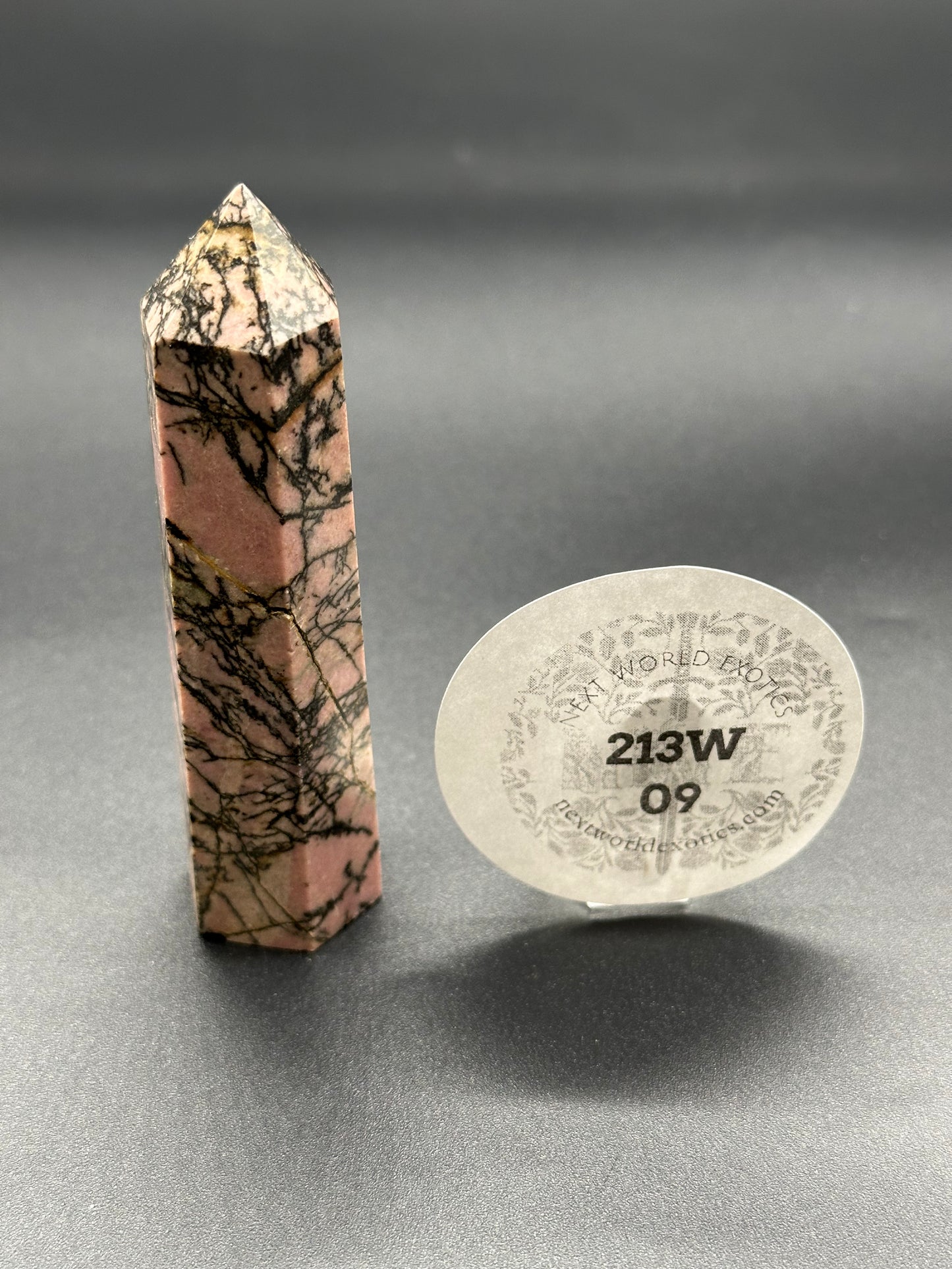 Rhodonite Tower (213W09) featuring intricate black veins and a polished pointy surface, ideal for crystal enthusiasts and collectors.