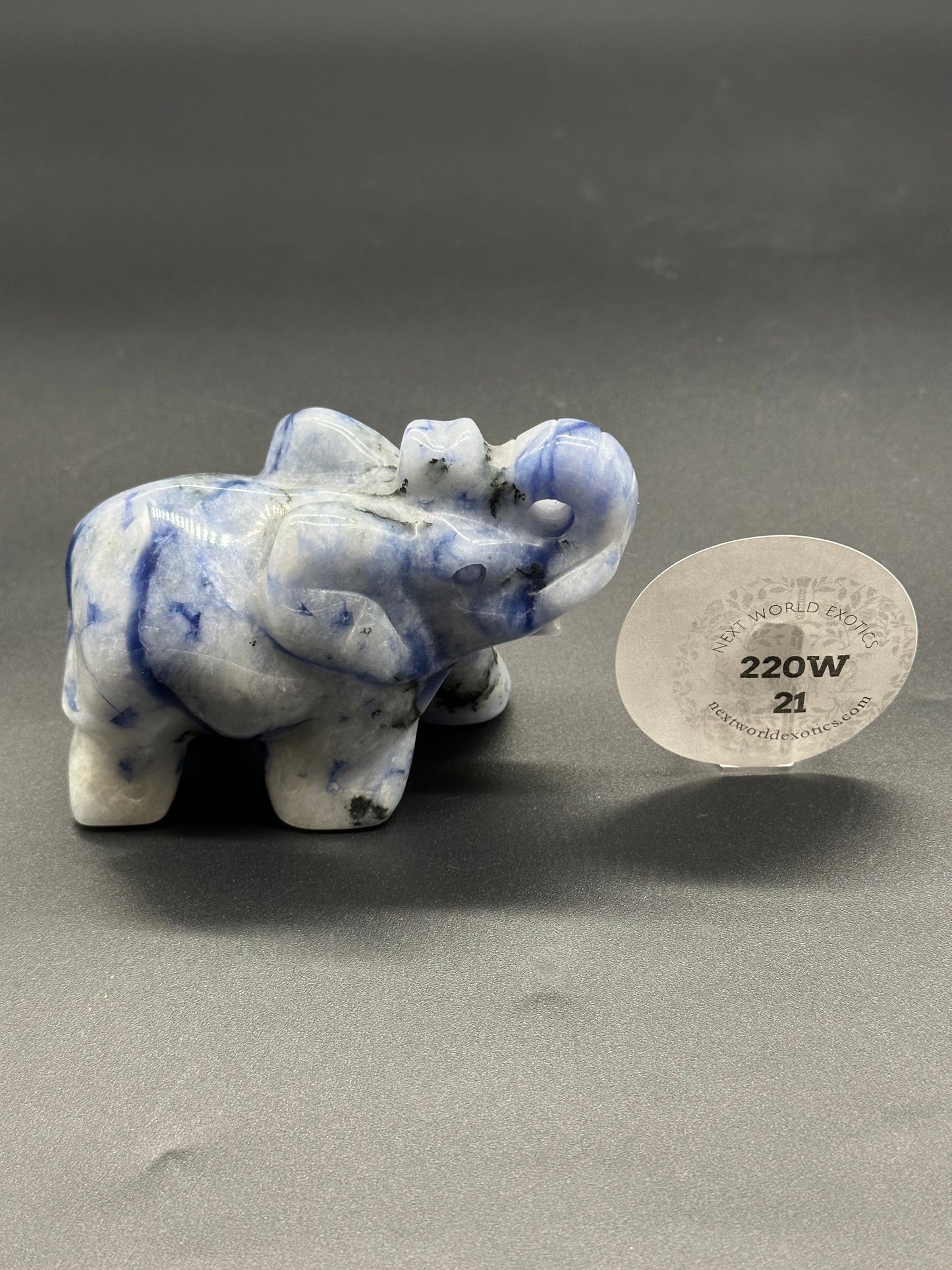 Sodalite Elephant Carving (220W21) features a small intricately carved stone elephant figurine, showcasing detailed craftsmanship, ideal for crystal or mineral enthusiasts.