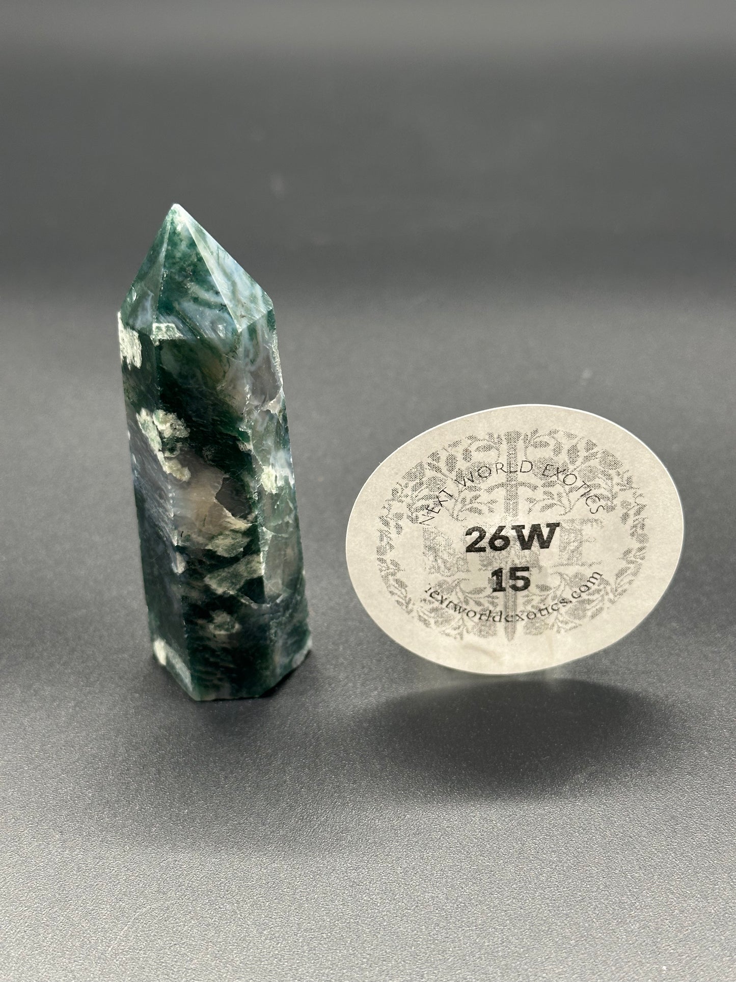Blue Moss Agate Tower (26W15) features a pointy green crystal next to a round white element, highlighting its unique mineral formation.