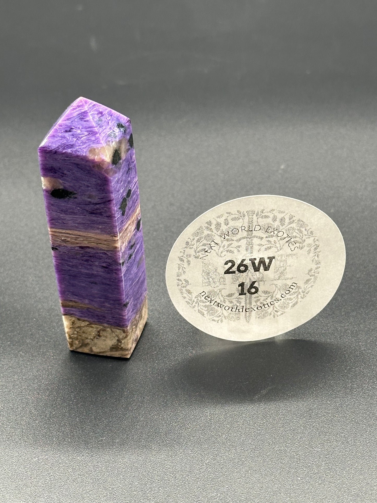 Charoite Tower (26W16) featuring a sleek, striped rectangular design, accompanied by a round white circle displaying black text and numbers.