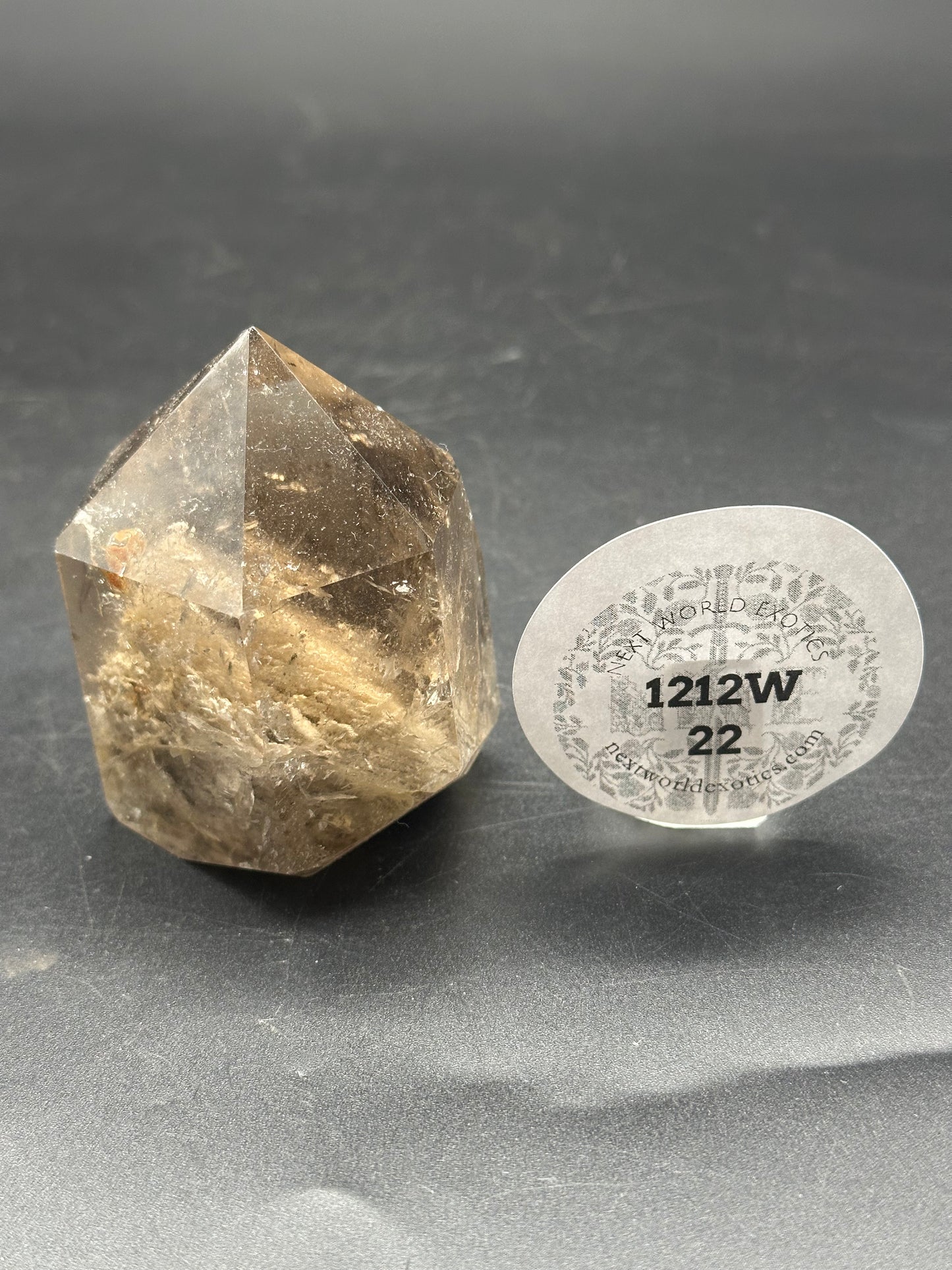 Smokey Garden Quartz (1212W22) features a clear crystal with a round white circle, showcasing intricate mineral formations and subtle text details.