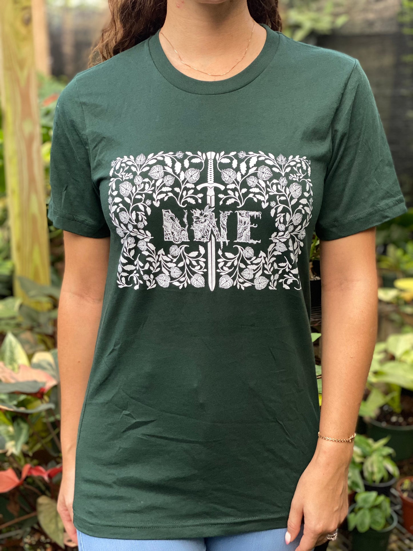 Green NWE Sword & Floral Motif Crew Neck T-Shirt