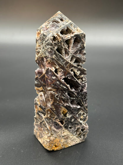 Sphalerite Tower (36W18) with close-up details of its mineral structure, showcasing a natural crystalline formation and distinct surface textures.