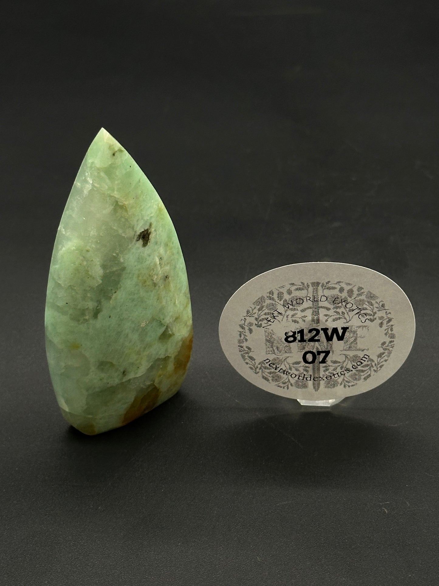 Quantum Quatro Free Form (812W07) polished green mineral specimen, featuring brown inclusions, displayed upright with a nexworldexotics.com tag from Next World Exotics.