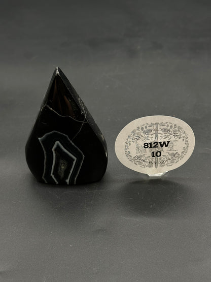Black Agate Free Form (812W10) carved into a rounded-teardrop shape, set upright, with a small round tag reading “812W 10” nearby.
