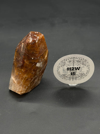 Rabbits Hair Quartz (812W15) crystal point on black tabletop, accompanied by a Next World Exotics product tag indicating it's a catalogued mineral specimen.