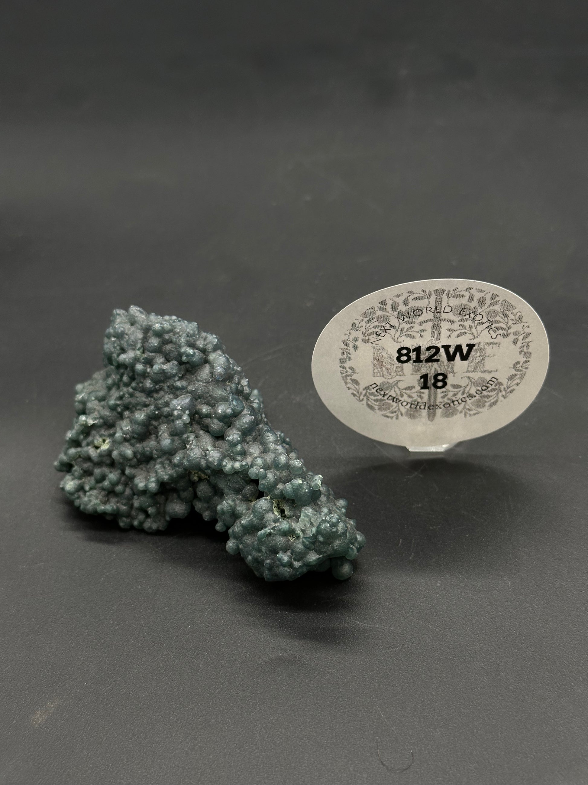 Grape Agate (812W18) mineral specimen with rounded, grape-like bumps on a dark surface, labeled “New World Exotics, 812W-18” on an adjacent stand.