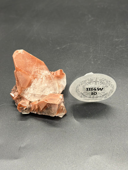 Red Diamond Calcite (1114W10) shown in a detailed close-up, highlighting its crystalline structure and surface texture. Includes a sticker with numerical details visible.