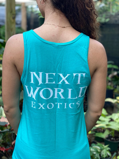 Woman wearing Lagoon Blue NWE Logo Tank Top featuring a gold chain necklace and a botanical floral monogram logo hand-drawn by Ashley Simone.