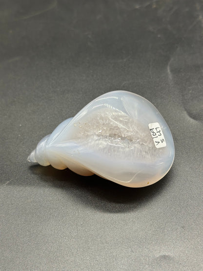 Agate Sea Shell Carving (1024W49) featuring a white shell with a crystal inside, adorned with a white label displaying black writing.