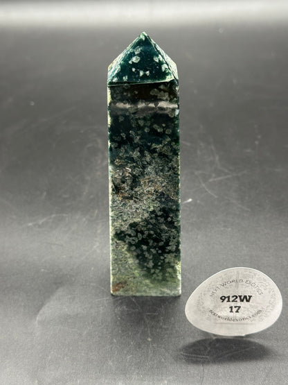 Blue Moss Agate Tower (912W17) - a close-up view of a green, pointy crystal tower with intricate, natural patterns, perfect for decor or meditation practices.