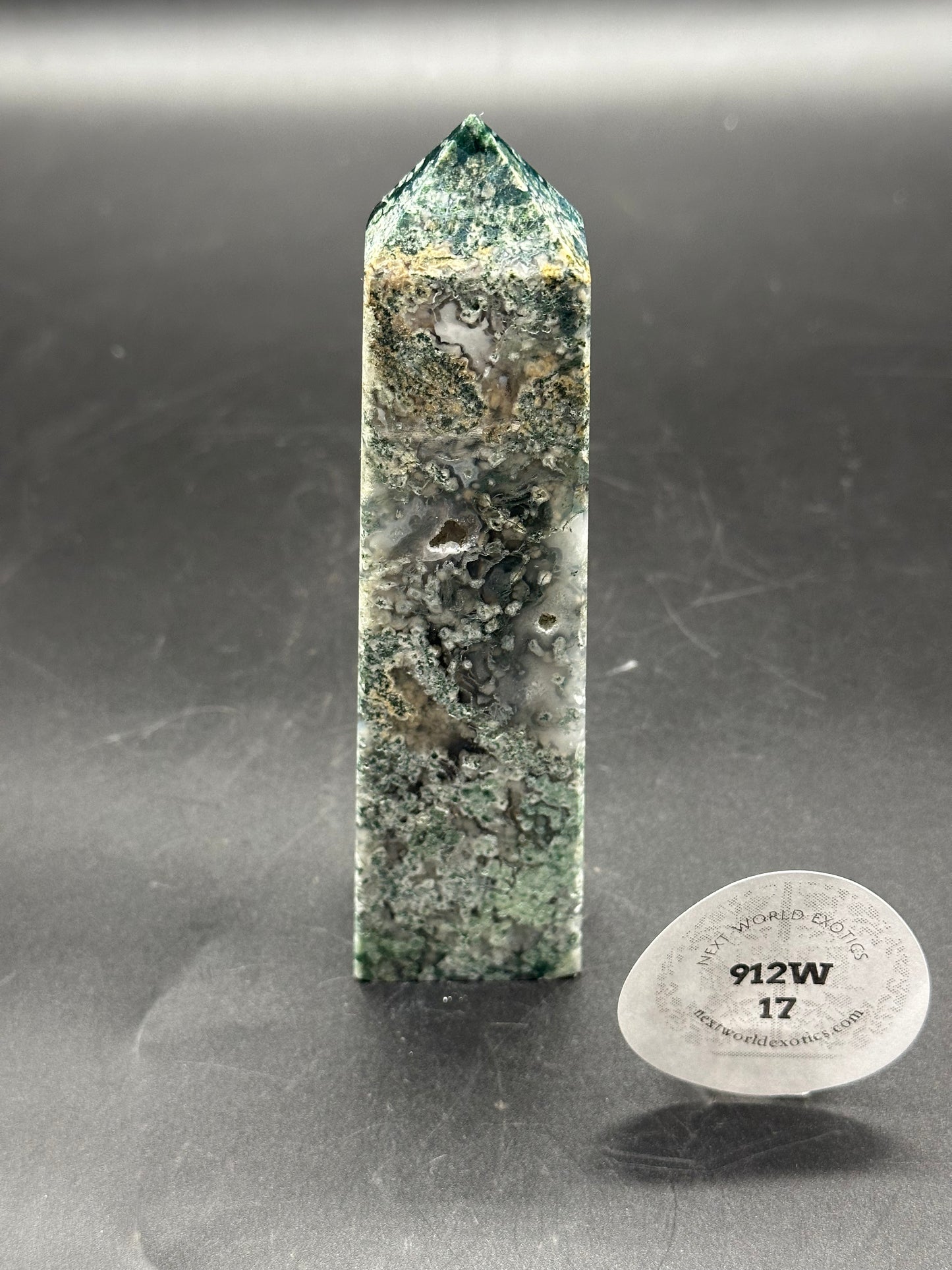 Blue Moss Agate Tower (912W17), a pointed green and white stone, showcased in a close-up, highlighting its unique texture and natural formations.