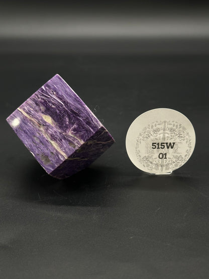 Charoite Cube (515W01) showcasing its distinctive mineral structure and polished surface, ideal for crystal enthusiasts and collectors seeking unique geological specimens.
