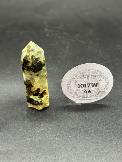 Epidote and Prehnite Tower (1017W46) featuring a close-up of the crystal with a white tag displaying black text and numbers.