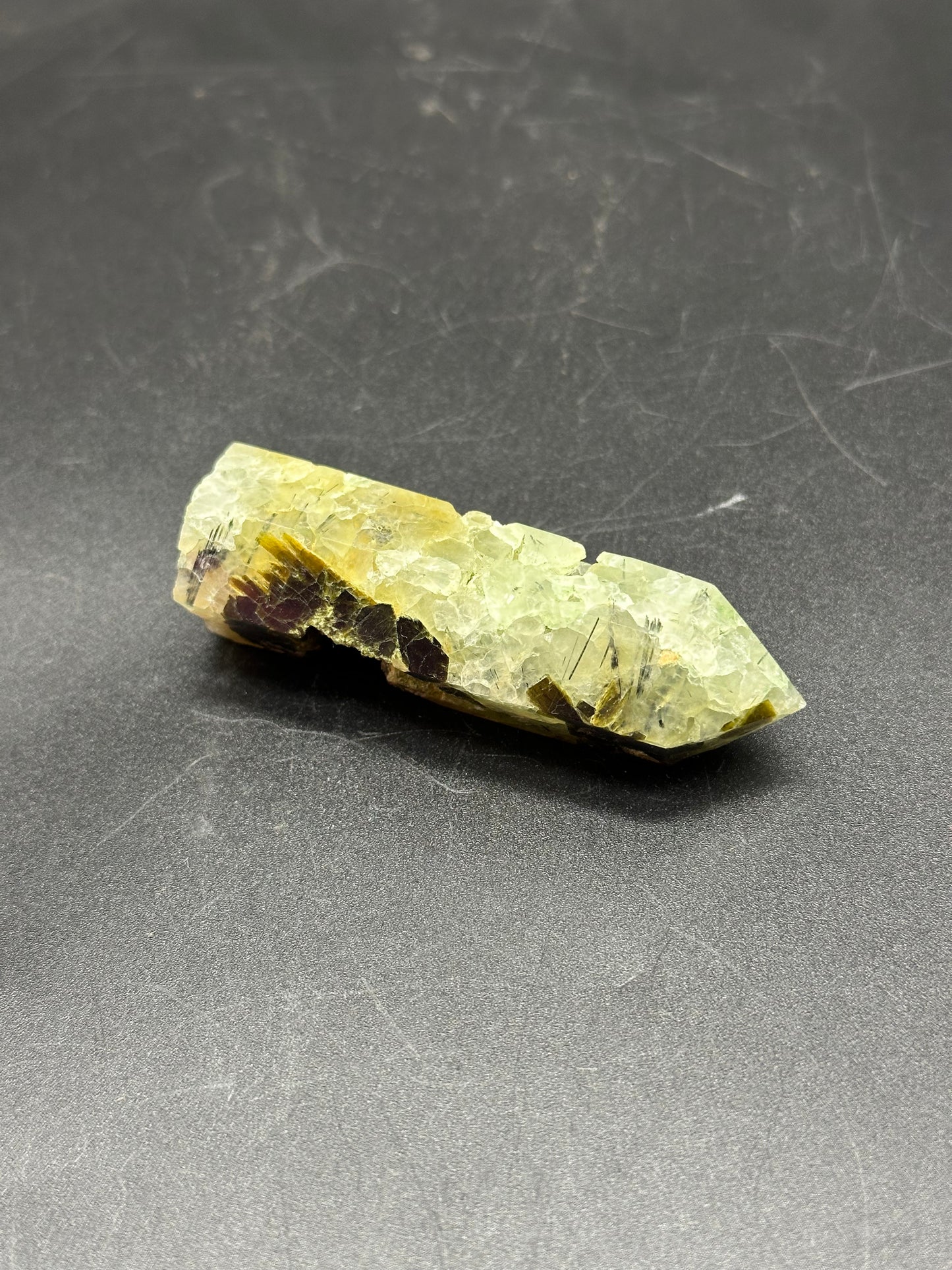 Epidote and Prehnite Tower (1017W46), close-up view of crystal formations showcasing intricate textures and natural details, highlighting its unique mineral structure.