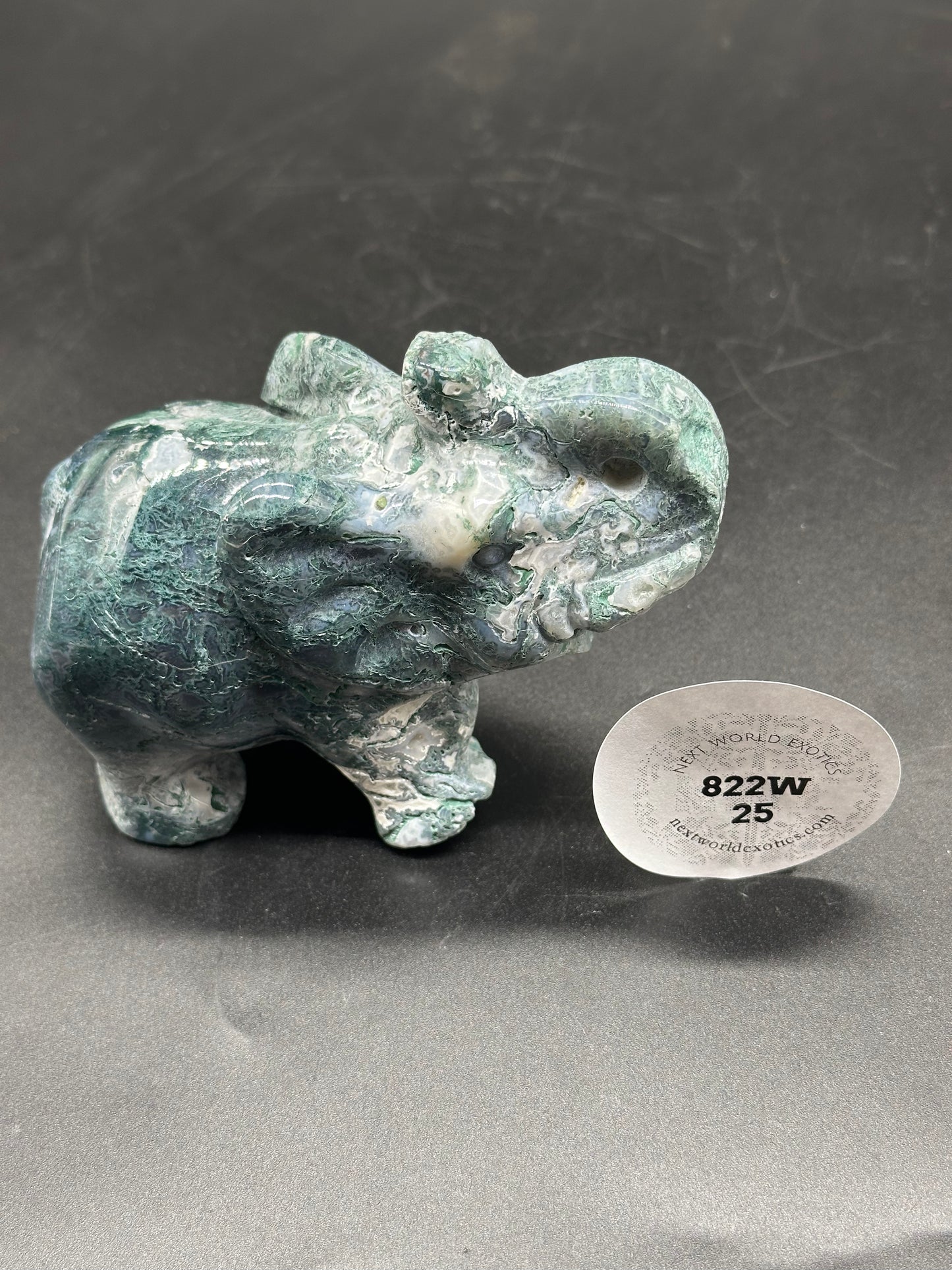 Moss Agate Elephant Carving (822W25): A small elephant figurine intricately carved from moss agate, highlighting its unique patterns and natural beauty.