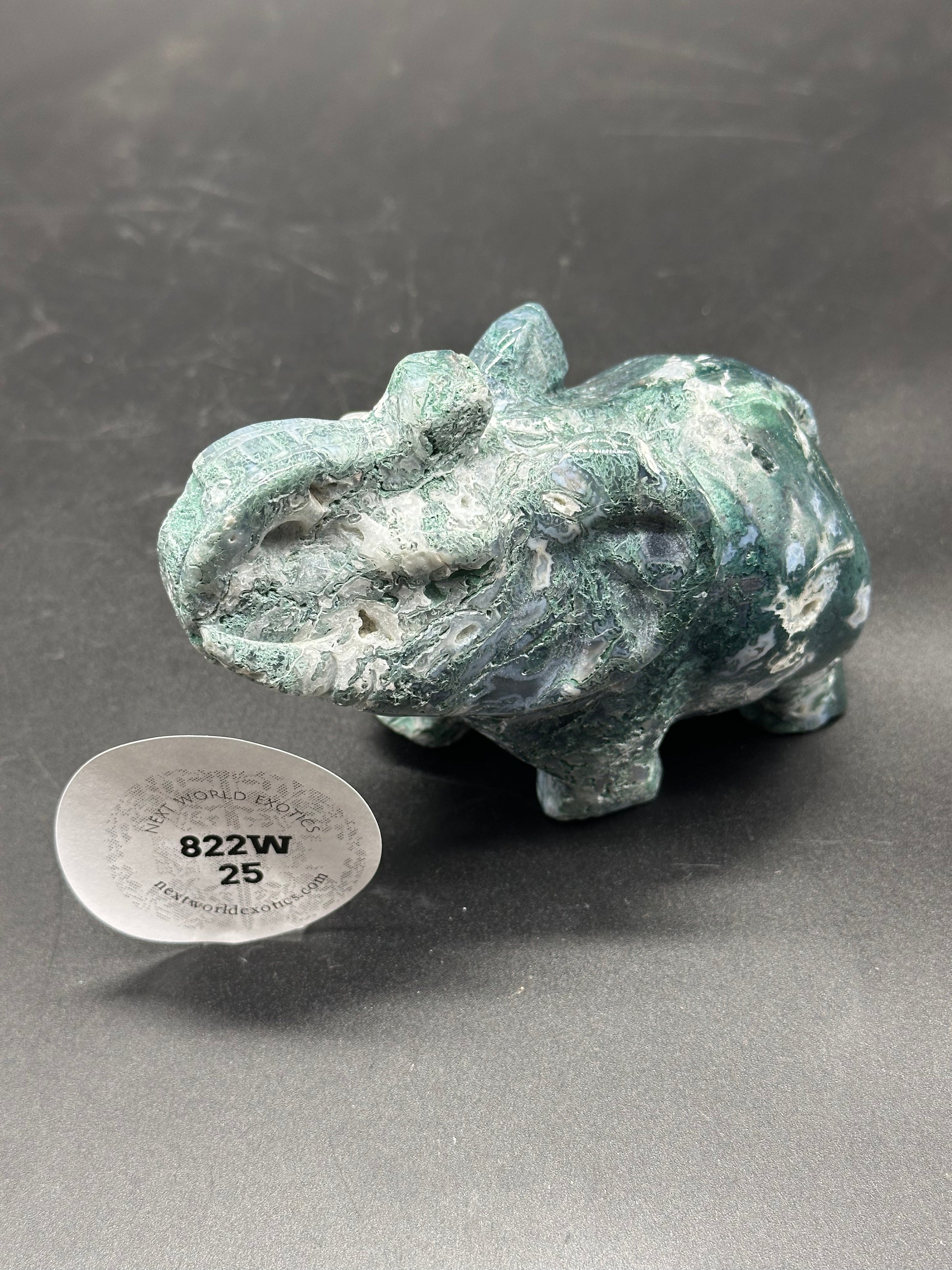 Moss Agate Elephant Carving (822W25) featuring a small intricately designed stone hippo, perfect for home decor, jewelry, or personal collections.