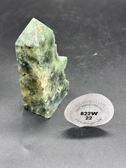 Prenite and Epidote Tower with Raw Edge showcasing a detailed close-up of the green and white crystal formation.