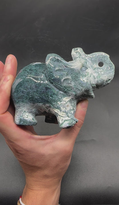 Moss Agate Elephant Carving (822W25)