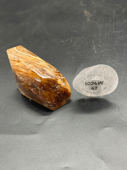 Close-up of Rabbit's Hair Rutilated Quartz (1024W47) crystal, showcasing intricate needle-like inclusions, with a sticker partially visible on the surface.