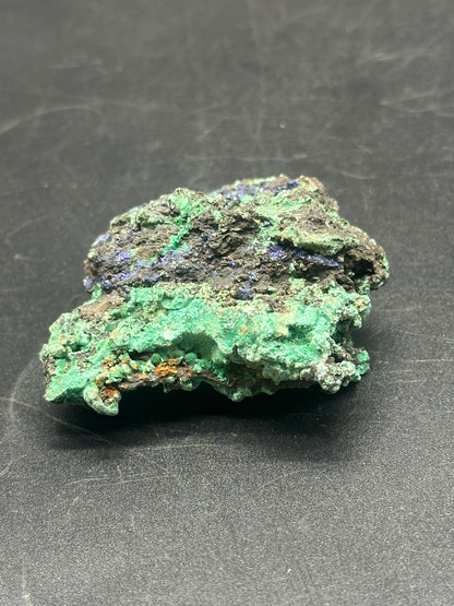 Raw Azurite (1121W09) featuring intricate blue and green crystalline formations, 4.8 inches long, showcasing its natural beauty and unique mineral texture.