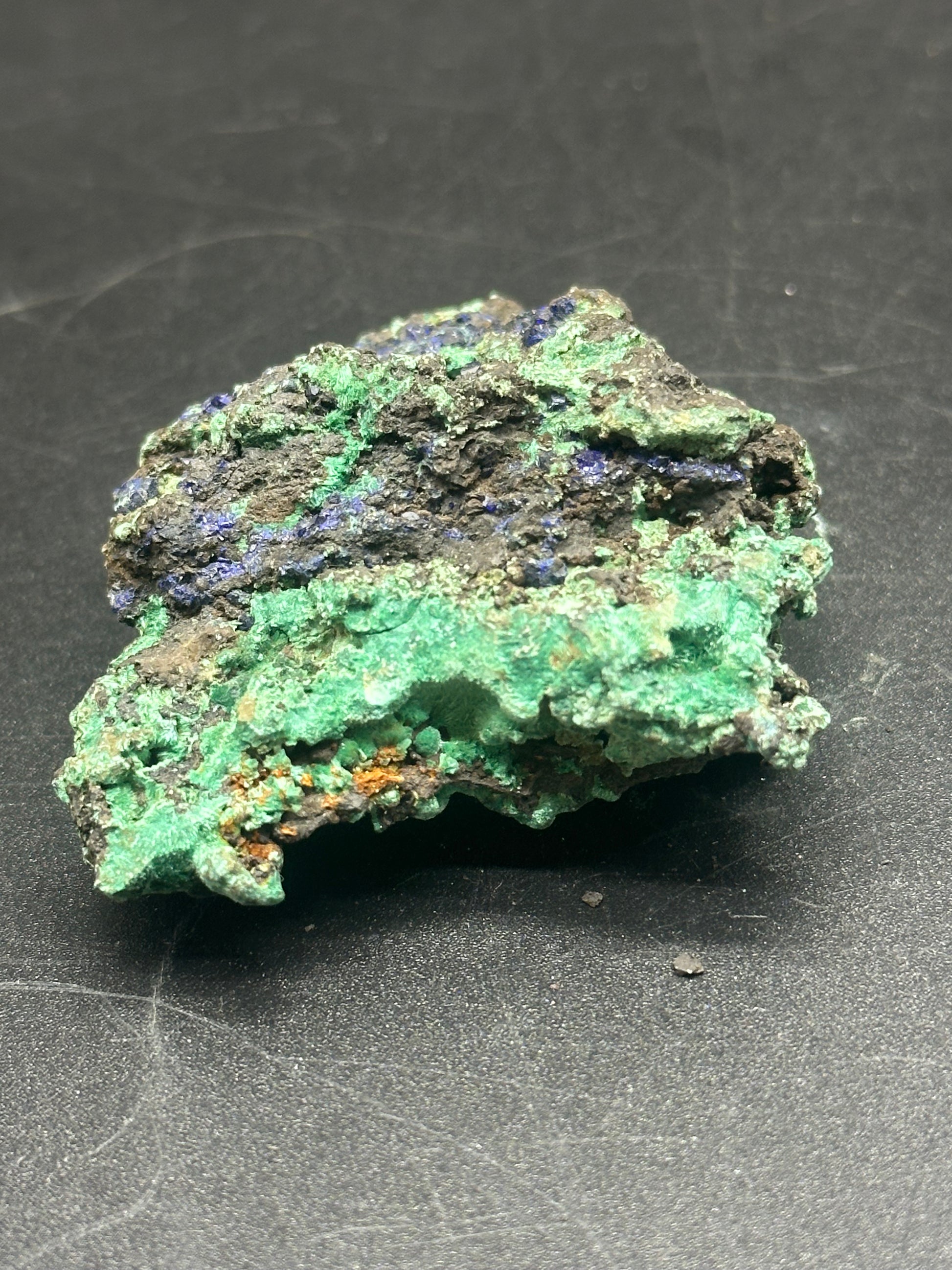 Raw Azurite (1121W09), a 4.8-inch natural mineral, showcasing intricate textures in a detailed close-up view.