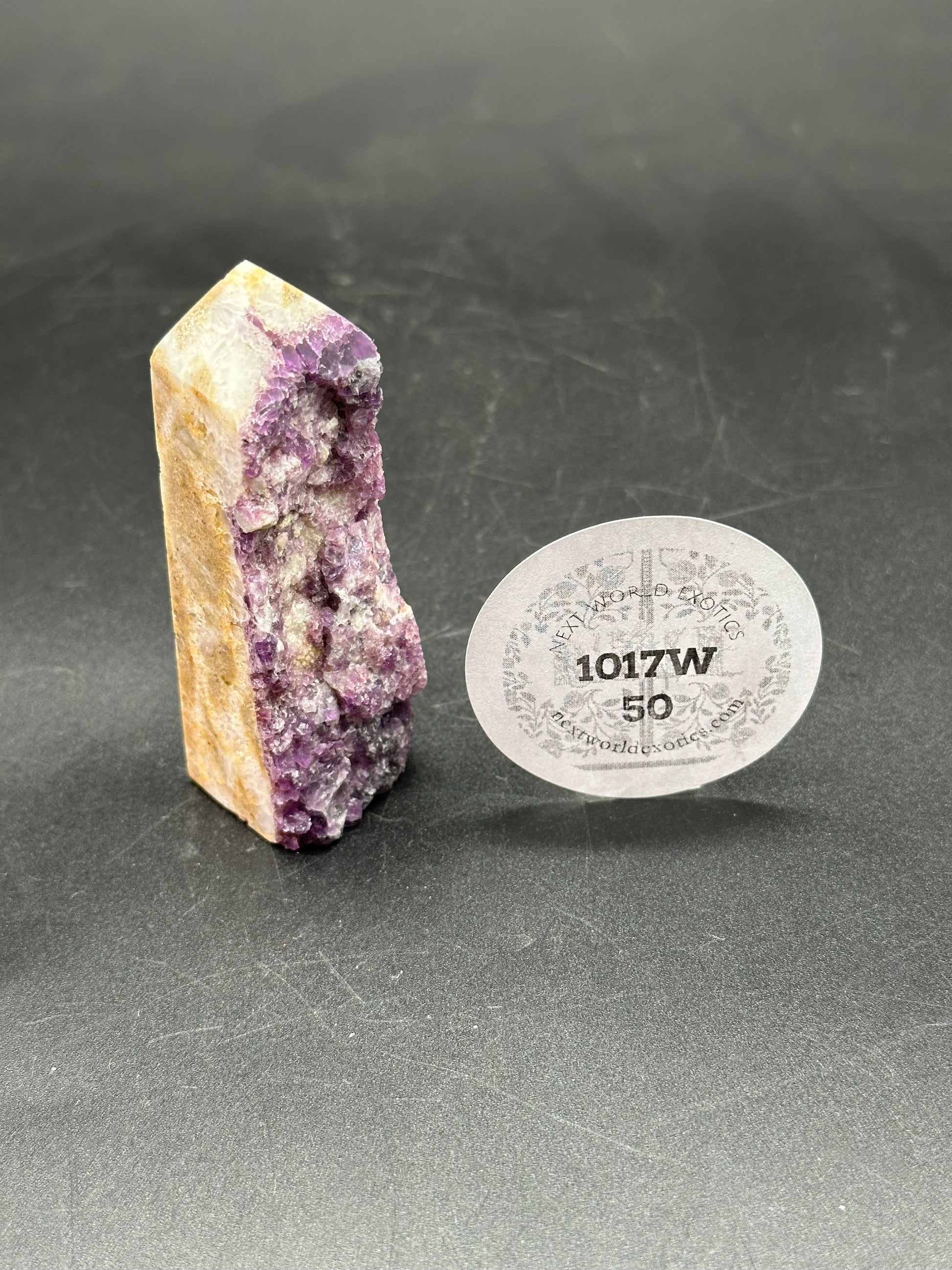 Specimen Fluorite Tower (1017W50) beside a white disc with black text, showcasing its distinct mineral texture and unique structure.